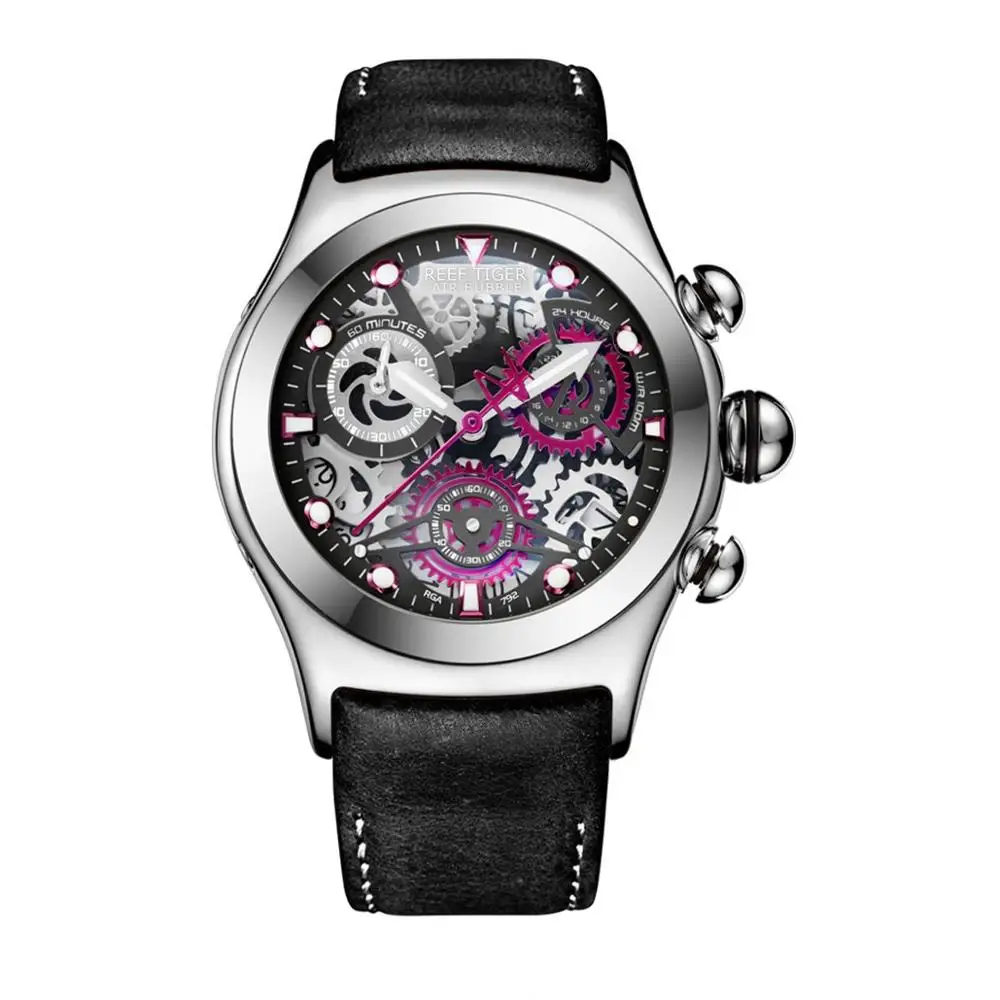 Риф Тигр/RT мужские спортивные часы розовое золото светящиеся кварцевые часы Скелет часы из натуральной кожи ремешок RGA792 - Цвет: RGA792-YBB