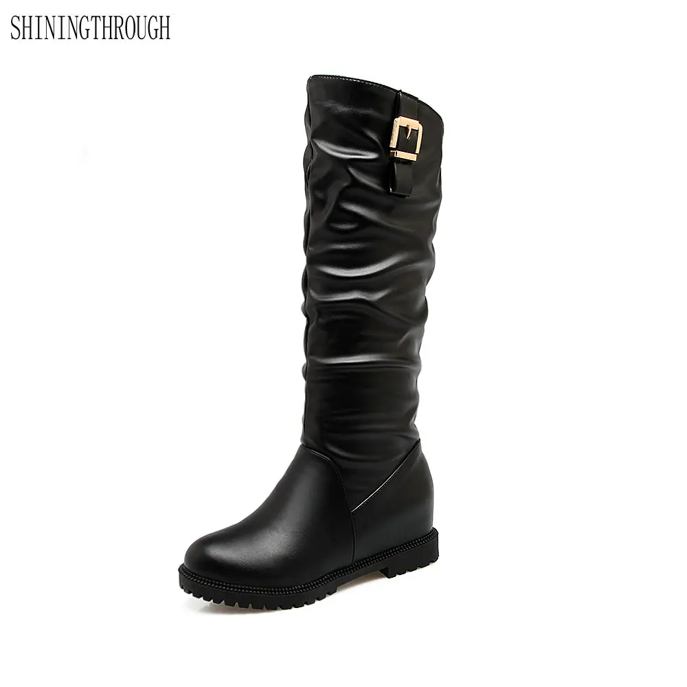

2018 New women boots autumn knee high boots ladies work boot low heel boots casual women shoes black white pink