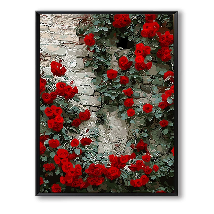 Wall Pictures for Living Room Red Rose Flowers DIY Painting By Numbers