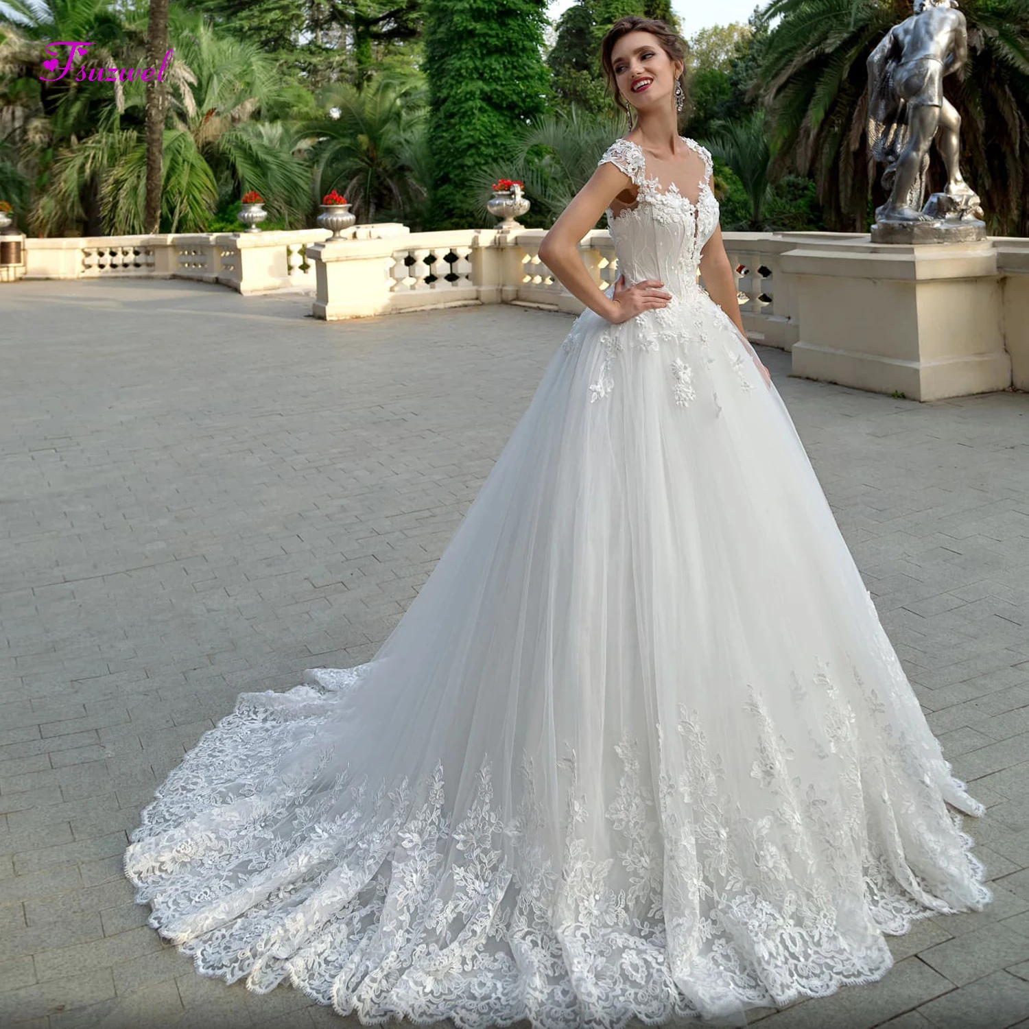 

Fsuzwel New Arrival O-neck Appliques Cap Sleeves A-Line Wedding Dresses 2020 Beaded Flowers Lace Up Bridal Gown Vestido de Noiva