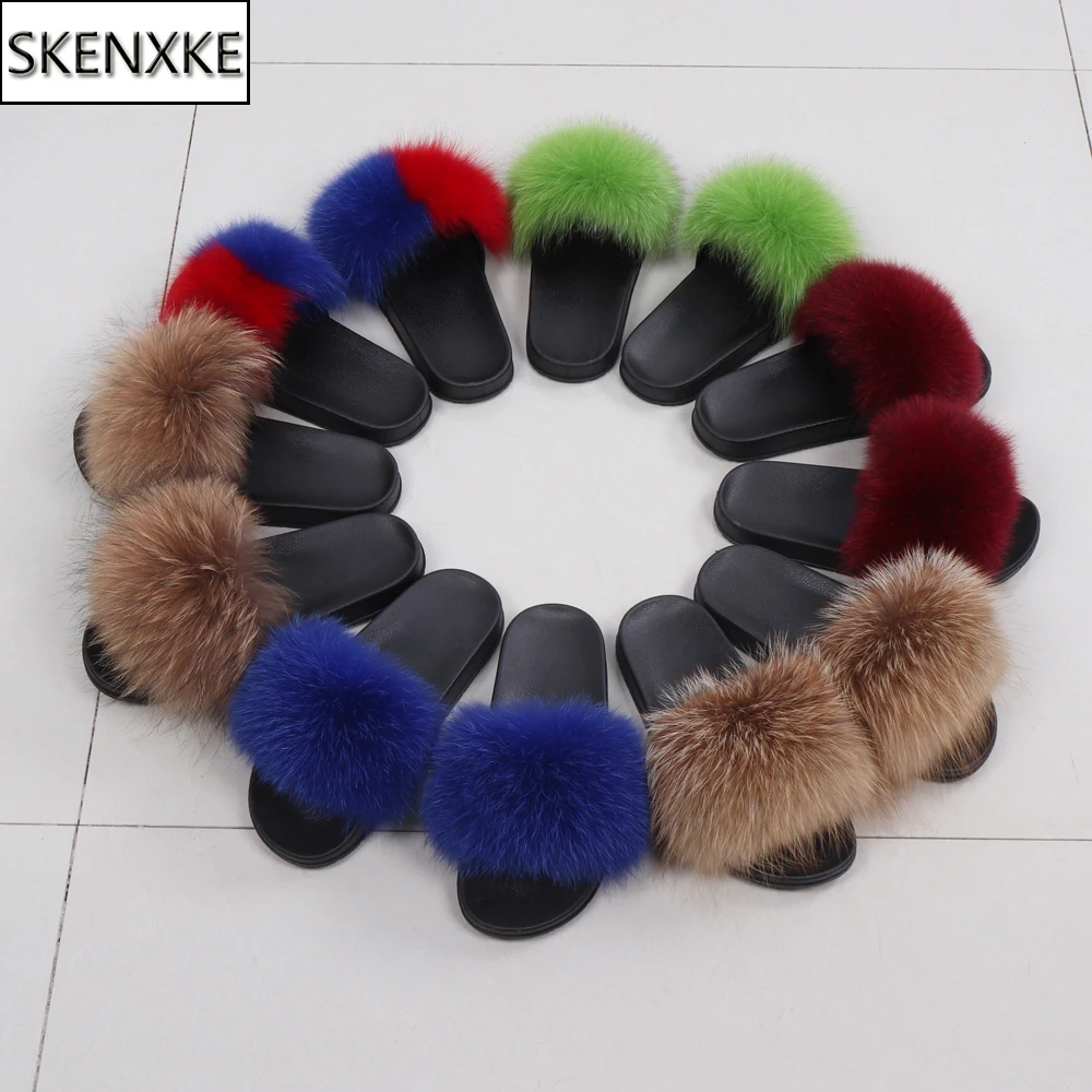 

New Lady Real Fur Slippers Women Real Fox Fur Slides Home Furry Flat Sandals Female Cute Fluffy House Shoes Woman Brand Luxury