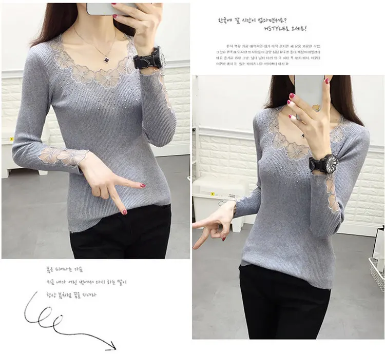 Women Pullovers 2019 Flower Lace Pullover Sweaters Fashion Round Collar Knitted Tricot Pull Fall High Elastic Sweater Women (5)