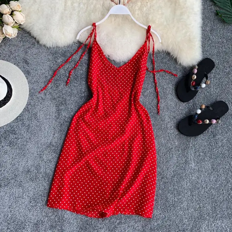 

2019 new fashion women's dresses Seaside holiday retro dot V-neck open back loose dress
