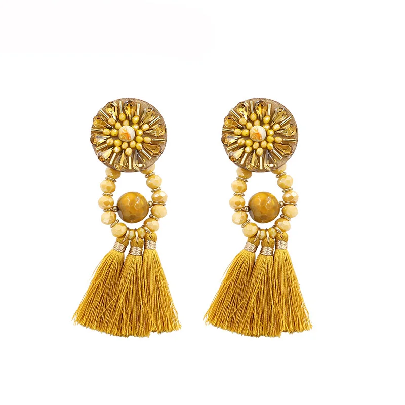 

Vintage Crystal Beads Tassel Earrings For Women Handmade Leather Nature Stone Fringe Dangle Earring Statement Party Jewelry