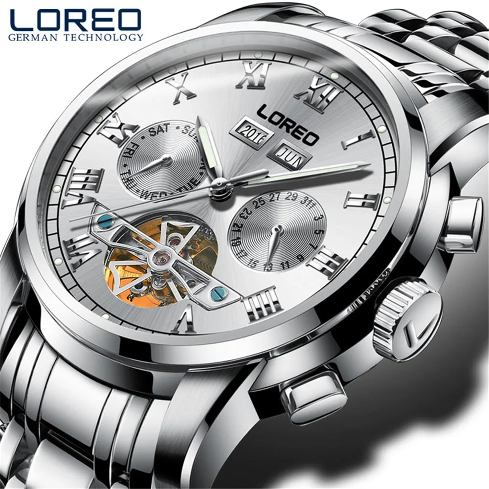 LOREO Brand Swim Men's Tourbillon Mechanical Watches Perpetual Calendar Waterproof Sport Watch Men Watch Clock saat reloj hombre - Цвет: Silver white