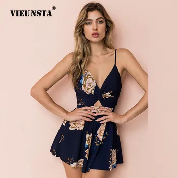 

VIEUNSTA Sexy V Neck Bowknot Summer Beach Playsuits Women Floral Printed Short Jumpsuit Fashion Spaghetti Strap Rompers Overalls