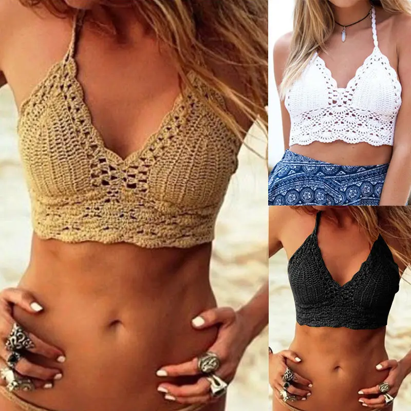 

Sexy Summer New Women Crochet Lace Bralette Knit Bra Boho Beach Halter Summer Casual Beach Bras