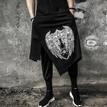 

New Men Avant Garde Design Pharaoh Pattern Fake Two Pieces Culottes Hairstylist Trousers Skinny Layered Pencil Pants High Street