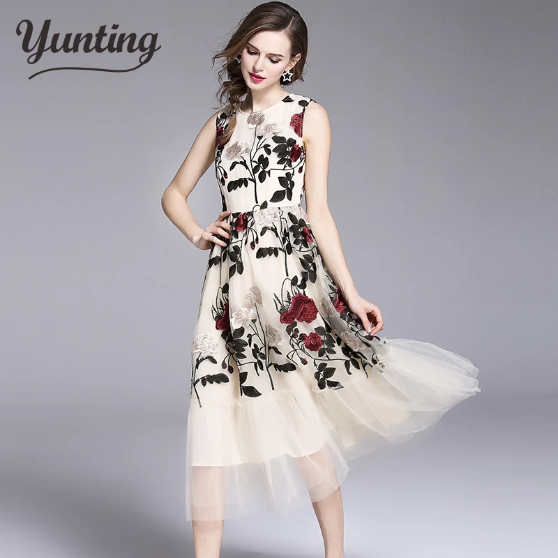 

2019 Summer Mesh Embroidery Long Dress Evening Party Sexy Office Dresses O Neck Ukraine Vestidos