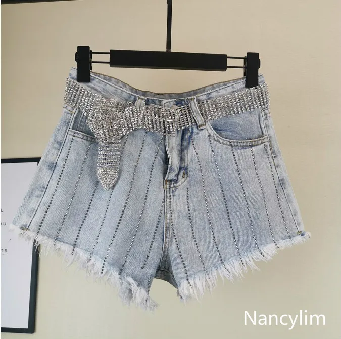 NANCYLIM новые летние женские джинсы с высокой талией вертикальные горячие сверла свет синие джинсовые шорты универсальные студенческие джинсовые шорты для девочек