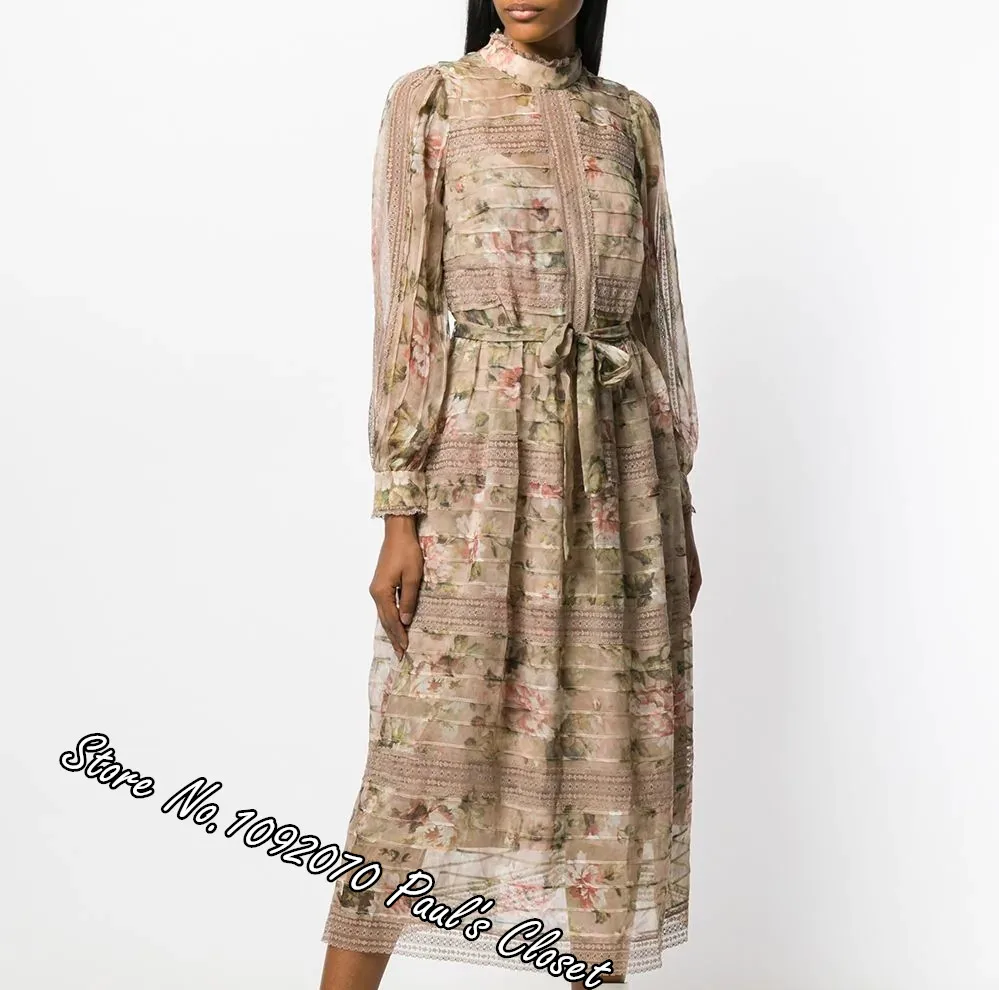 

Women Dusk Romantic Floral Print Fleeting Pintuck Dress Horizontal Pleats and Lace Panelling Sheer Madi Dress