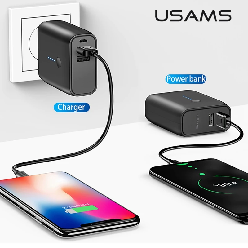 

USAMS USB Charger 5000mAh Power Bank 2 in 1 Folded EU/US Plug Auto Pover PowerBank Dual USB External Battery Plug for iphone XS