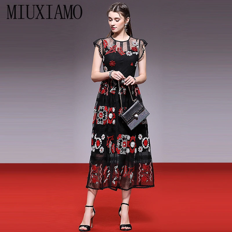 MIUXIMAO высокое качество 2019 Весна и лето Роскошный кружево платье вышитое-цветы повседневное Eleghant Повседневное платье для женщин Vestido