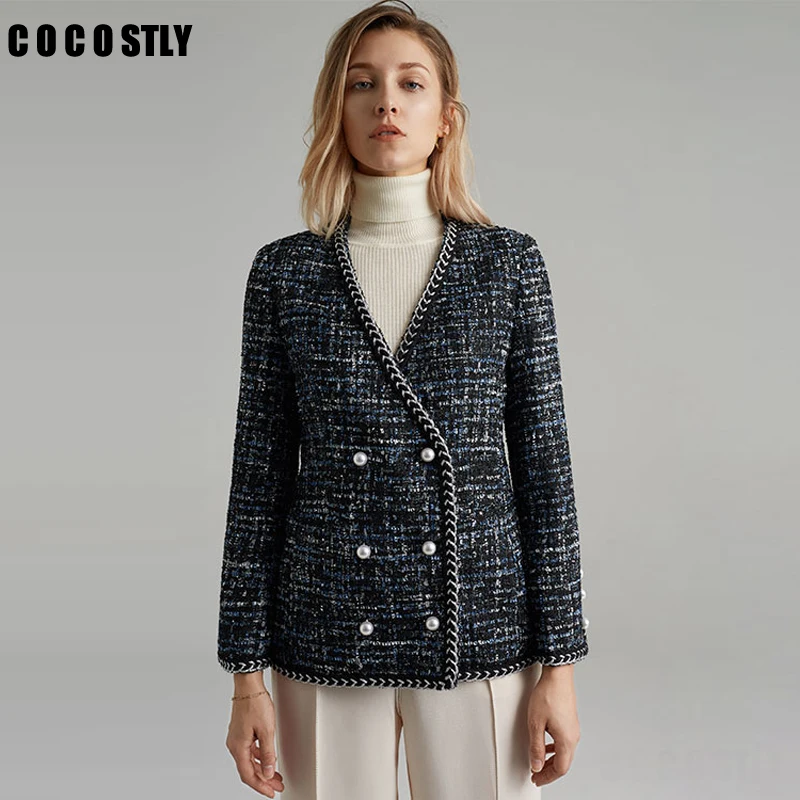 

coats and jackets women elegant double breasted pearls button tweed jacket chains V-neck elegant outerwear new 2019 winter coat