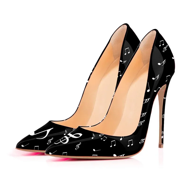 ASUMER/Большие размеры 34-45; Новинка года; модные туфли на высоком каблуке; женские пикантные туфли на шпильке с острым носком и музыкальным принтом для вечеринки и свадьбы - Цвет: black 12cm heel