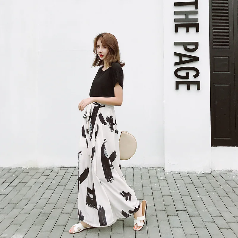 High waist loose summer chiffon pants plus zise printed trousers Korean version of casual pants women white wide leg trousers High waist loose summer chiffon pants plus zise printed trousers Korean version of casual pants women white wide leg trousers
