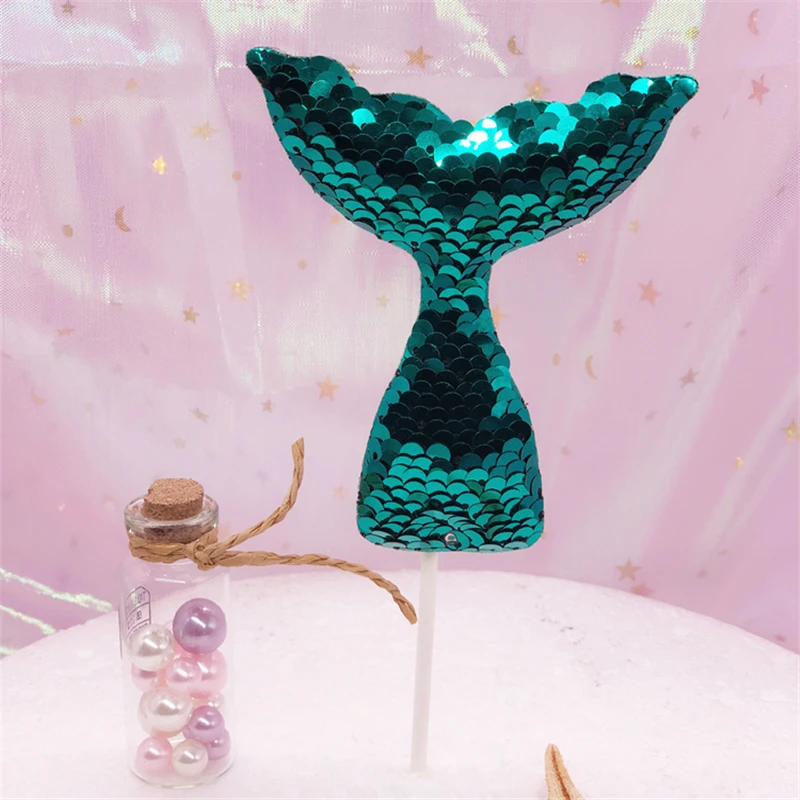 Hawaii Party Decoration DIY Supplies 5Pcs Sequins Mermaid Tail Cake Decoration Cake Insert Birthday Party Decor Baby Shower,Q - Цвет: Sequin Green 5pcs