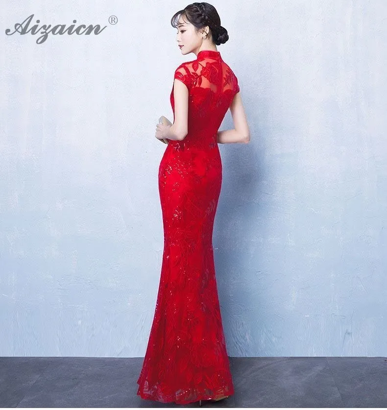 De color rojo sirena novia largo Cheongsam las mujeres chino tradicional boda Vestido Qipao Восточный de moda vestido de fiesta