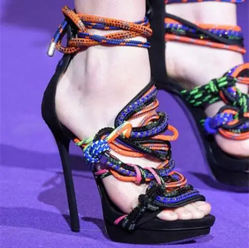 Лидер продаж! Multi веревки Римские сандалии, женская обувь Новая дизайнерская обувь женские туфли на шпильке Каблучки открытым носком Высокие каблуки ботинки на платформе - Цвет: as picture
