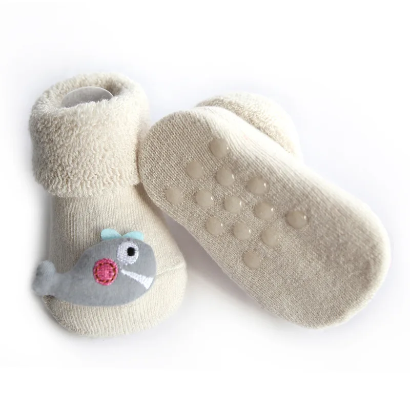 Осенне-зимние шерстяные утепленные детские носки из чистого хлопка с круглым носком для детей 0-1 лет, нескользящие носки для новорожденных