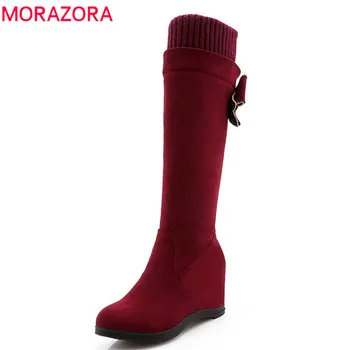 

MORAZORA 2020 fashion hot sale new knee high boots women flock round toe autumn winter boots slip on Stretch boots Footwear