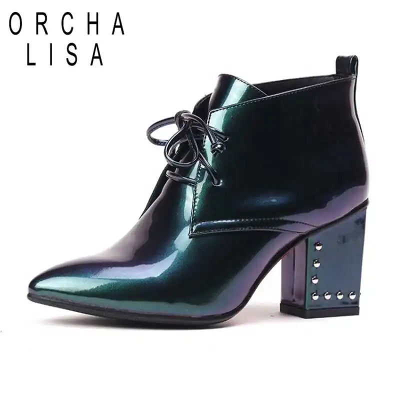 

Orcha lisa Top Quality Patent leather ankle Boots high heel Women lace up chunky boots square heel Female ladies booties rivets