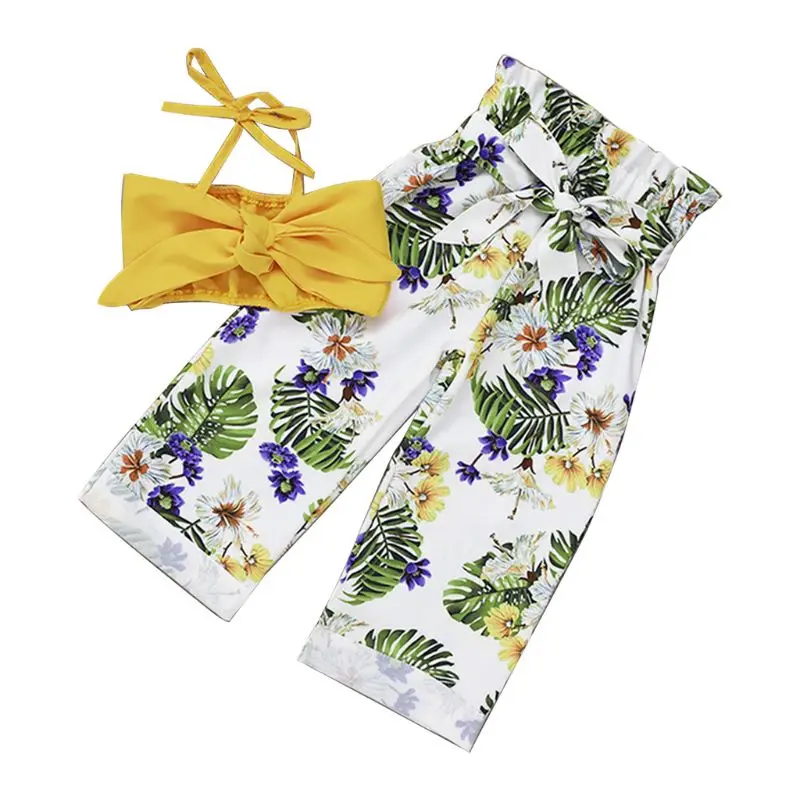 

2 Pcs/set Seaside Style Vacation Holiday Children Bow Sling Tops Pants Suit Kids Girls Flower Print High Waist Trousers Suits