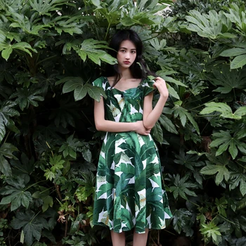 

Green Leaf Print Short Sleeve V-neck Waist Dress Retro 50s60s Women's Hepburn Fashion Temper Party Dress