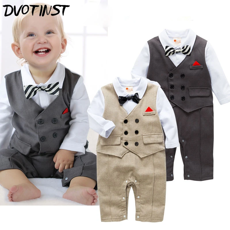 

Baby Boy Clothes Full Sleeves Gentleman Grey Kakhi Rompers Outfit Infantil Toddler Jumpsuit Party Event Wedding Costume Clothing