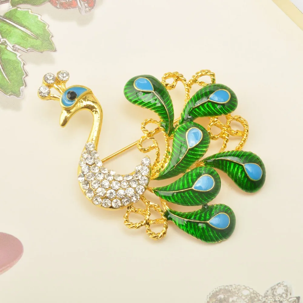 Green Vintage Brooch And Enamel Pin Crystal Rhinestones Peacock