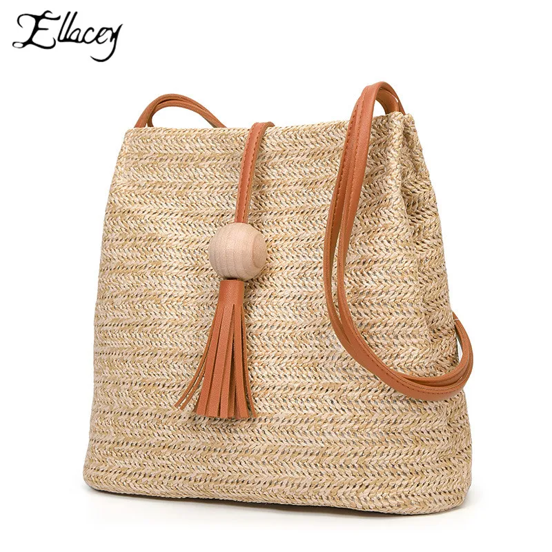 2019 Summer Vacation New Beach Bag Wooden Ball Tassel Bucket Bag Fashion Straw Shoulder Bag ...