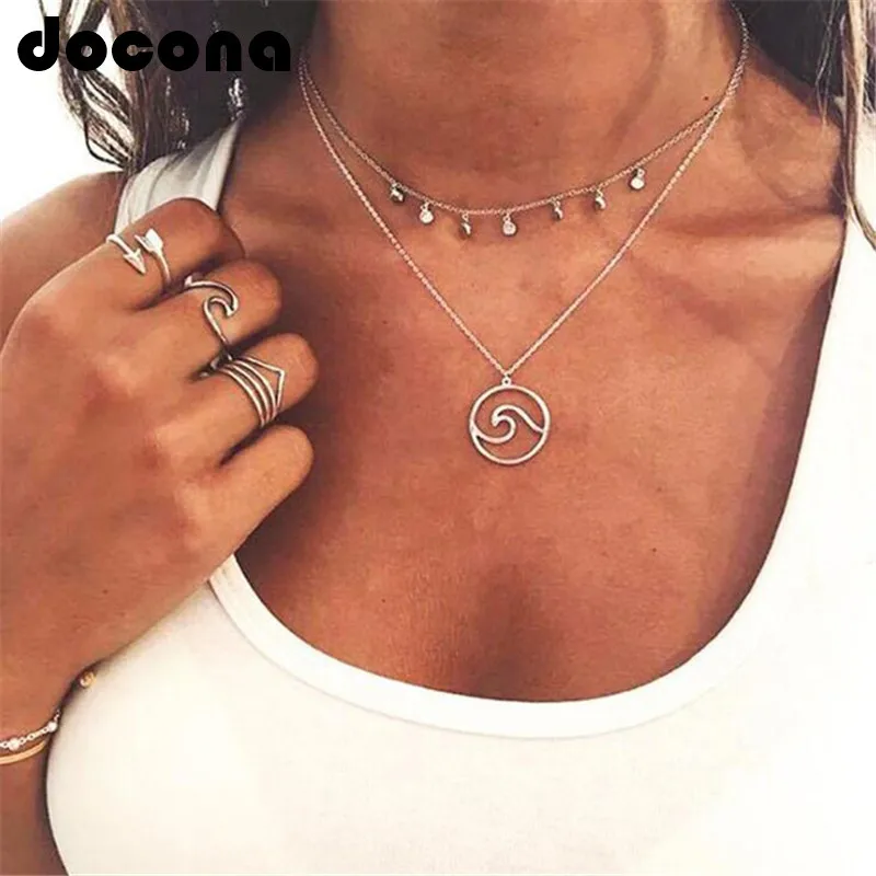 

docona Bohemian Wave Pendant Necklace for Women Girl Metal Sea Surfer Layered Necklaces Ocean Wave Charm Necklace Collar 3906