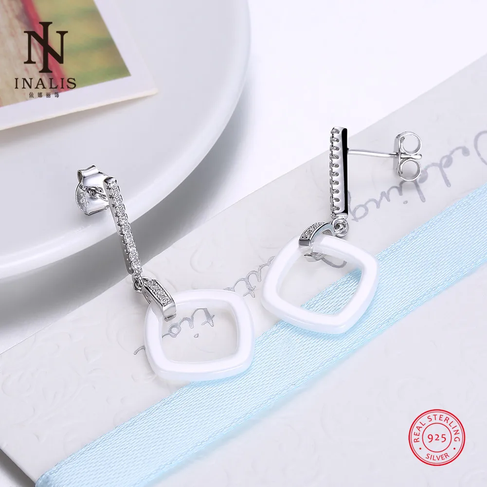 

INALIS Silver Ceramic Stud Earrings Cylindrical Square White Ceramic Pendant Earrings For Women Girl Female Jewelry Wedding Gift
