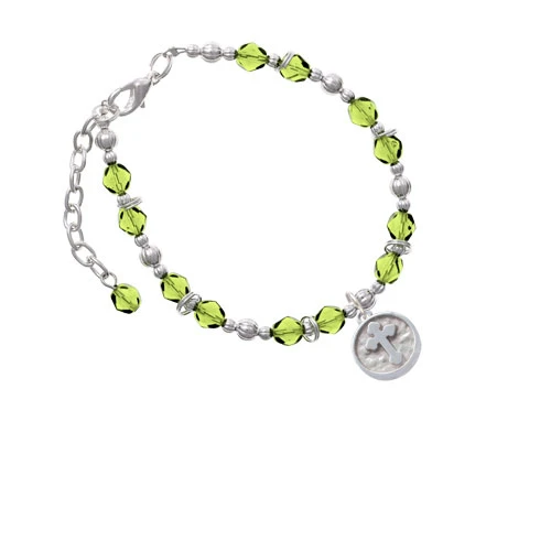 Silvertone Botonee Cross - Round Seal Lime Green Beaded Bracelet