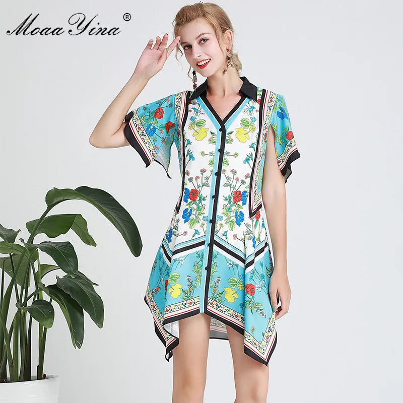 

MoaaYina Fashion Designer Runway dress Spring Summer Women Dress V-neck Floral-Print Asymmetrical Dresses