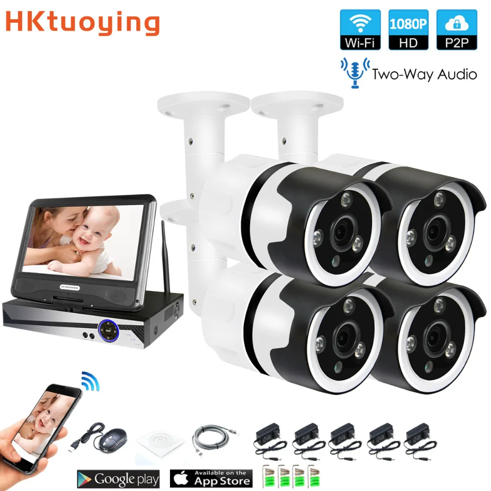 

4CH two way audio talK HD Wireless LCDNVR Kit P2P 1080P Indoor Outdoor IR Night Vision Security 2.0MP IP Camera WIFI CCTV System