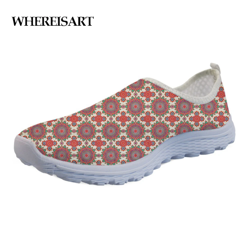 

WHEREISART Flats Shoes Woman 3D Bohemian Flower Pattern Style Summer Beach Loafers For Girls Light Weight Casual Mesh Sneakers