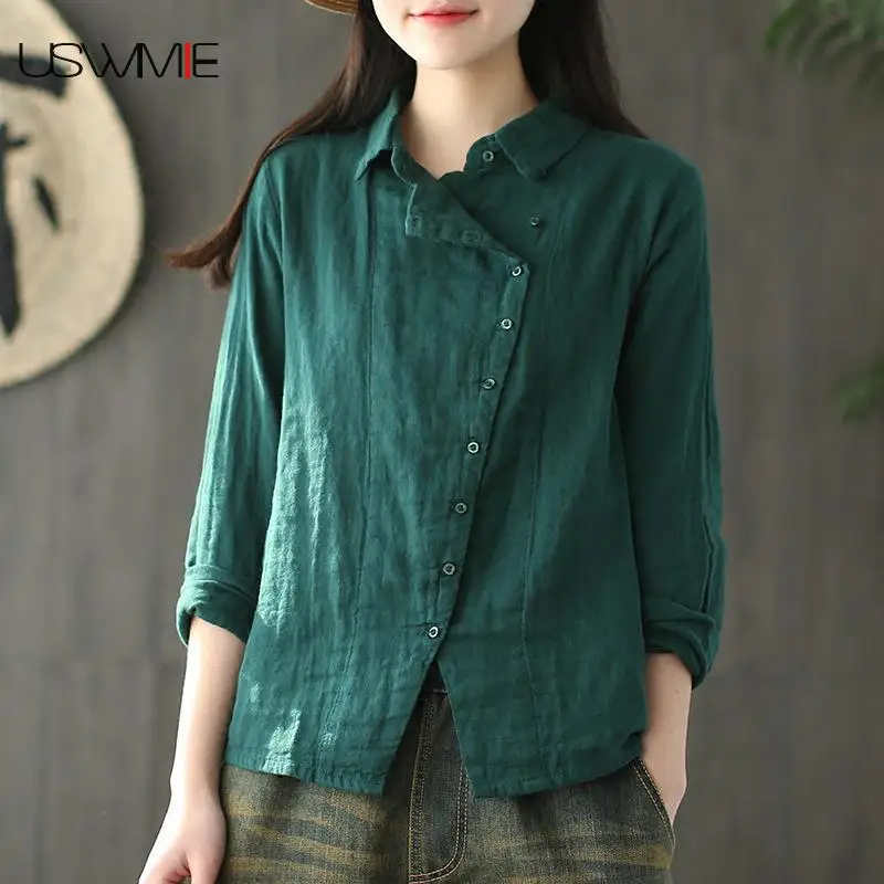 

2019 Autumn Women Blouses Literature Retro Leisure Turn-down Collar Solid Color Oblique Long Sleeve Leisure Comfort Linen Shirt