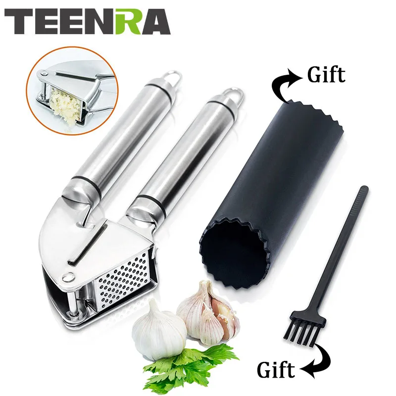 TEENRA 1Pcs Metal Garlic Press Stainless Steel Garlic Mill Chopper Hand