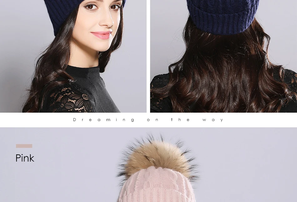 Woman Winter Hats Wool Skullies Beanie Raccoon Fur Pom Pom Stripe Knitted Hat Female Autumn Skullies Beanies  (11)