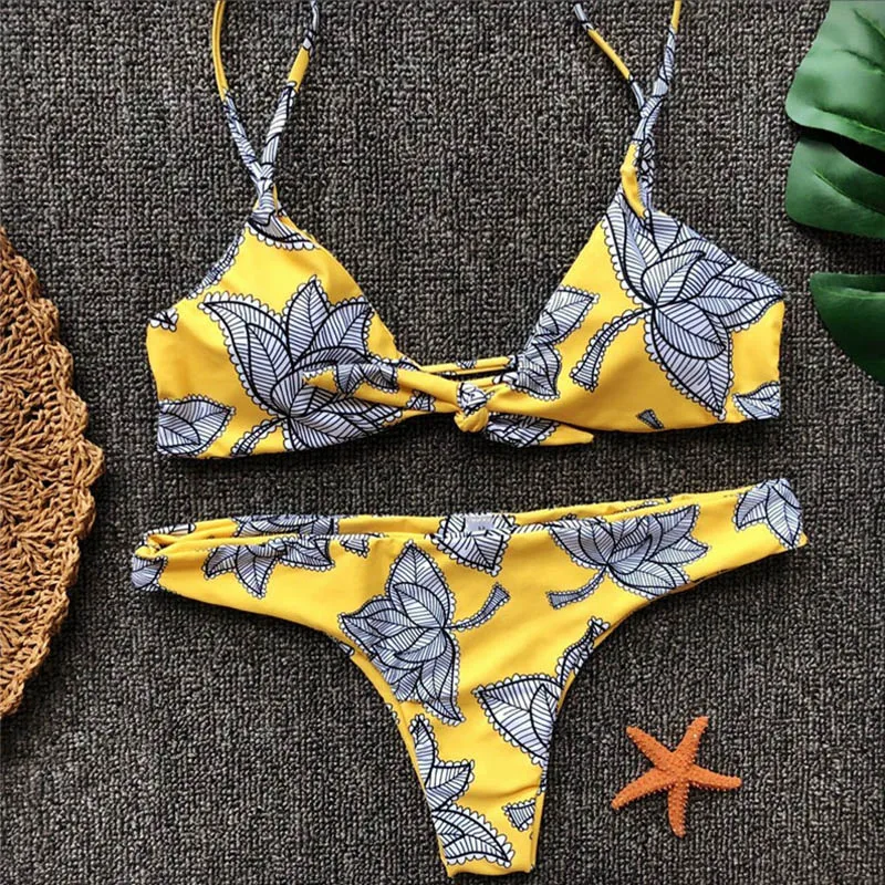 

Yellow Sexy Bikini Set Women Swimsuit Push Up Swimwear 2018 Floral Triangle Thong Brazilian Bikini Bathing Suit Female Swim Wear