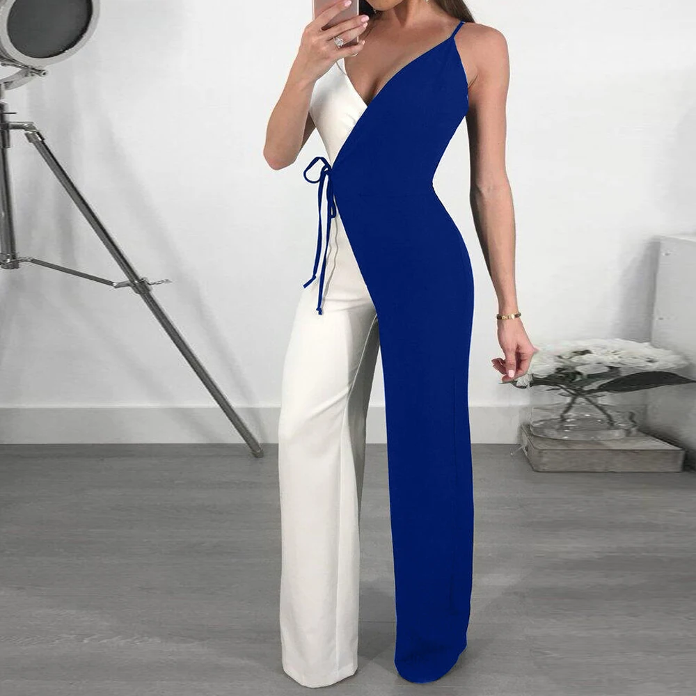 Yuyou Women Wide Leg Long Pants Jumpsuits Sleeveless Patchwork With Belted Jumpsuit Romper Woman Casual Overalls