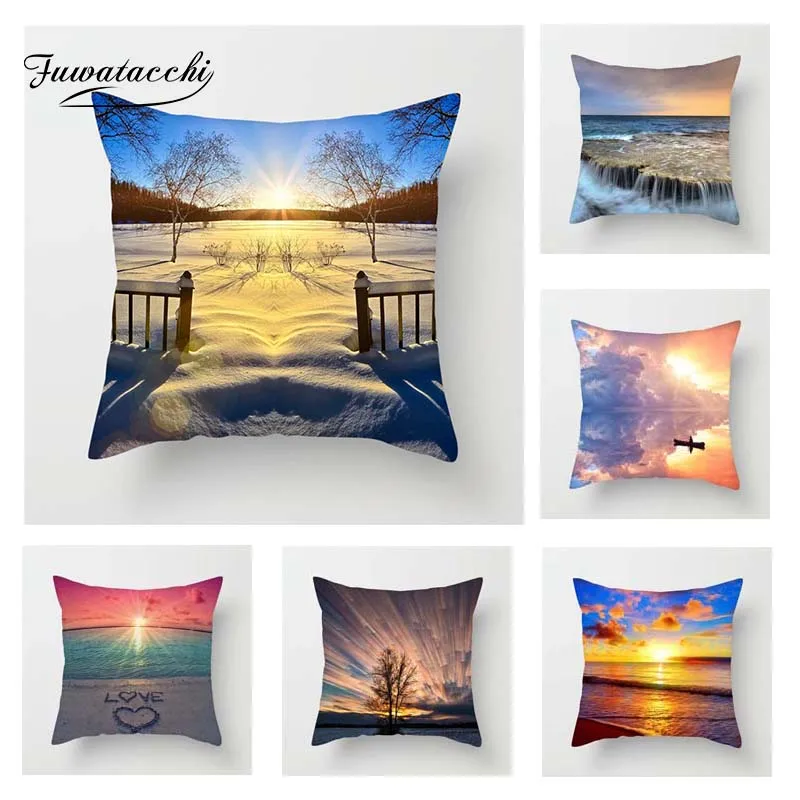 

Fuwatacchi Scenic Style Cushion Cover Lake Sunrise Highway Snow Printed Pillow Cover Decorative Pillows For Sofa Car Bedroom