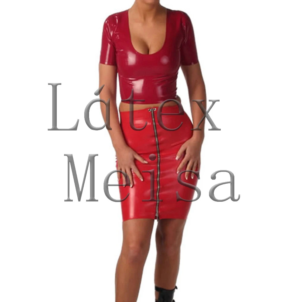 

100% handmade Fetish latex pencil skirt exclude top with front zip in solid red color