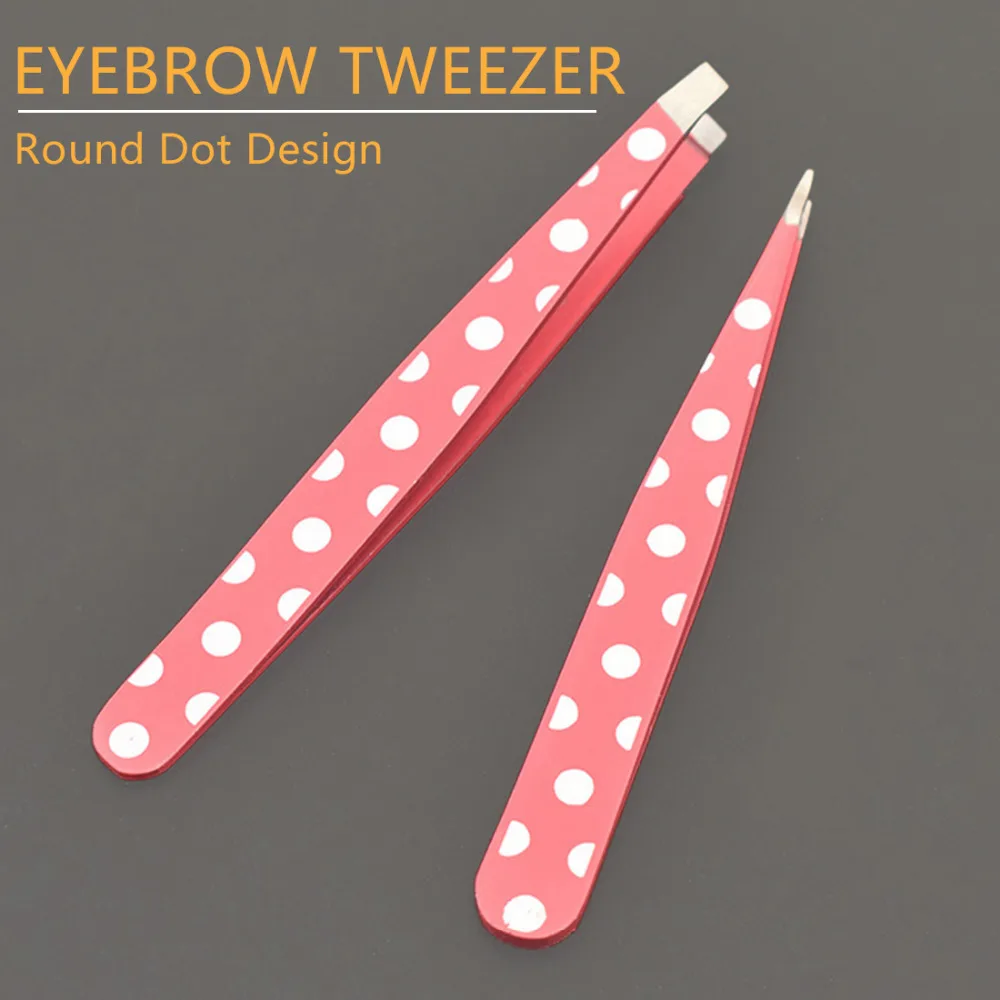 

Tip and Flat Heads 2pcs/set Stainless Steel Pink Dots Eyebrow Tweezer Clip Hair Removal Beauty Fuctional Makeup Tool Kit