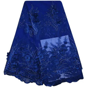 

Free Shipping Royal Blue Color French Net Lace Fabric 2018 Latest African Lace 3D With Stones Womens Embroidered Dresses 863
