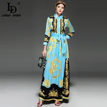 LD Linda della Новый 2018 Дизайнер взлетно-посадочной полосы Макси платье Для женщин с длинным рукавом Элегантный пояс раковины Seashell печати Винтаж длинное платье