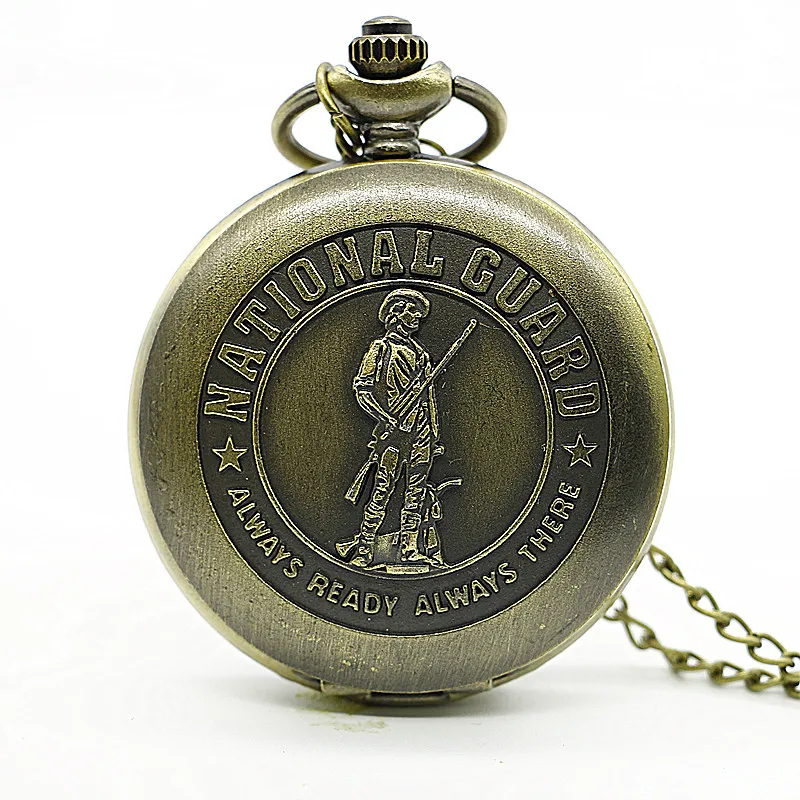 New Antique US National Guard Bronze Quartz Pocket Watch Necklace Chain