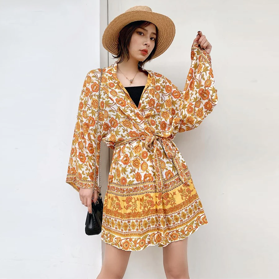 TEELYNN женский кардиган бохо блузка и рубашка желтый цветочный принт кимоно рукав летние блузки пляжная одежда Хиппи Блузка блуза