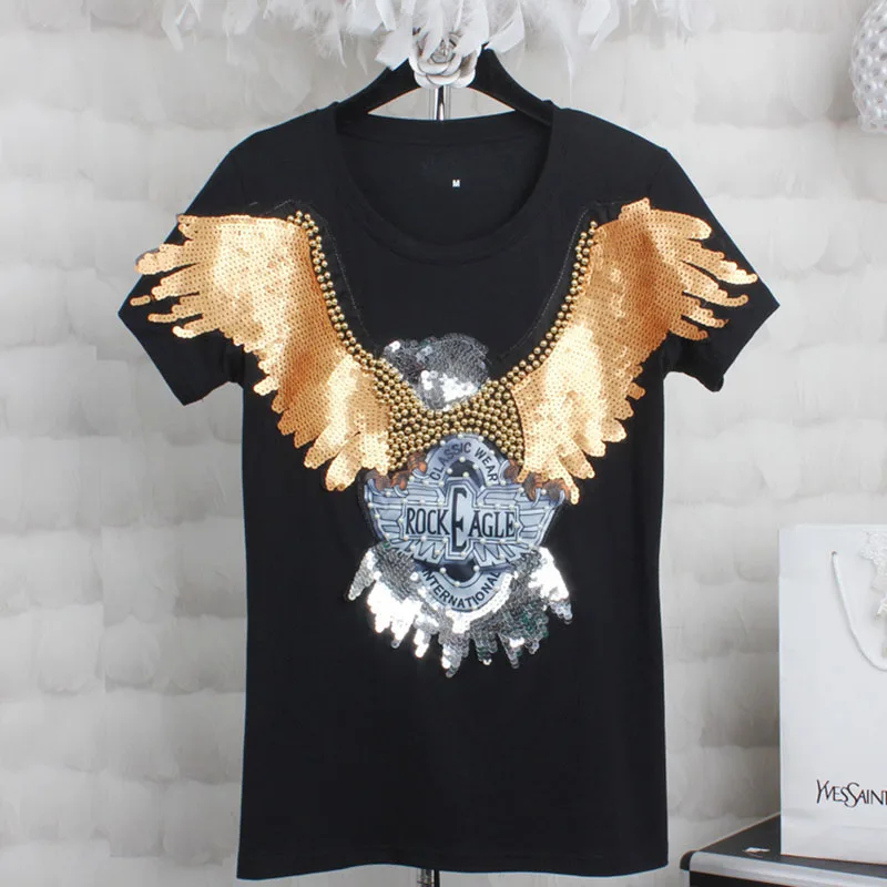

Black Rock Eagle Sequin t shirt Womens 2019 Fashion Summer Tops Short Sleeve O-neck Harajuku Cotton Tshirt Plus size 3XL 4XL